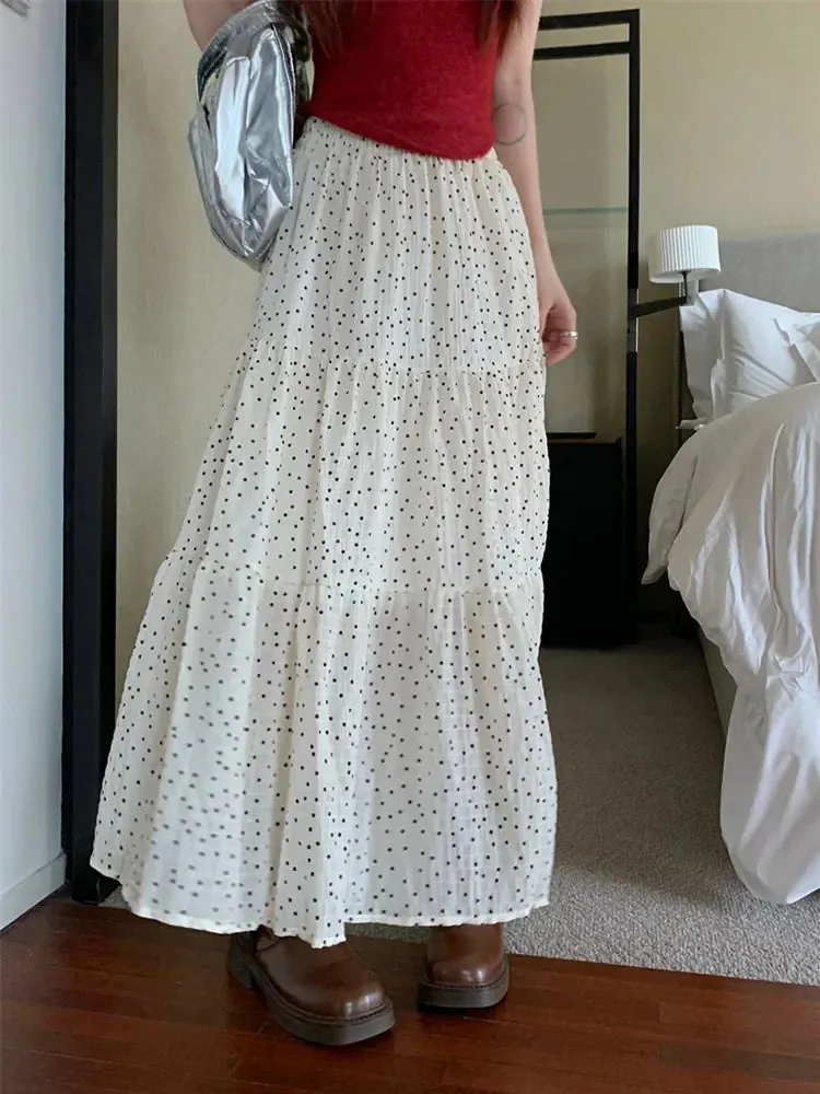 Vintage Polka Dot Holiday Ruffle Hem Long Skirt