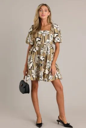 Whispering Moonlight 100% Cotton Taupe Floral Mini Dress