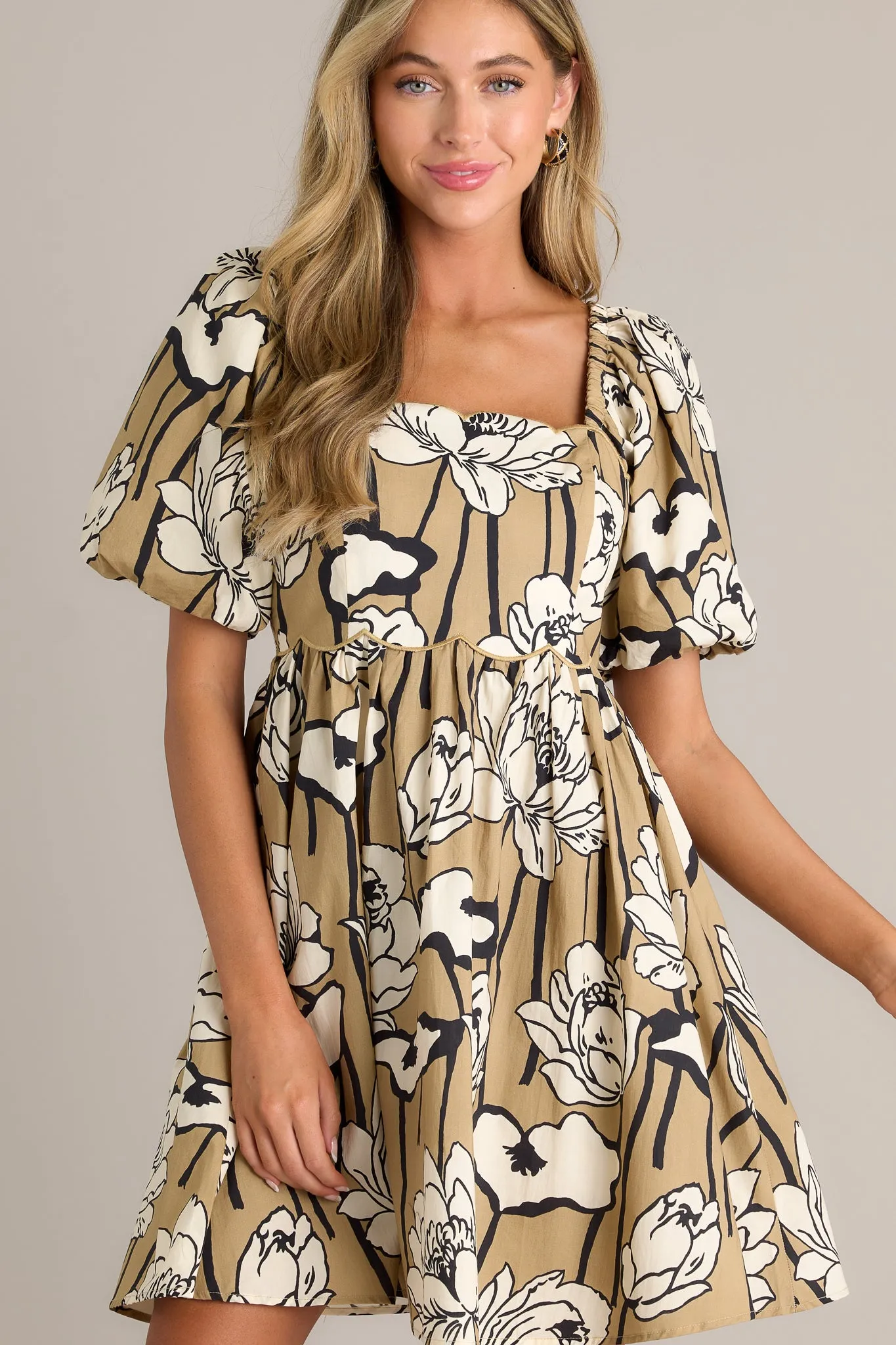 Whispering Moonlight 100% Cotton Taupe Floral Mini Dress