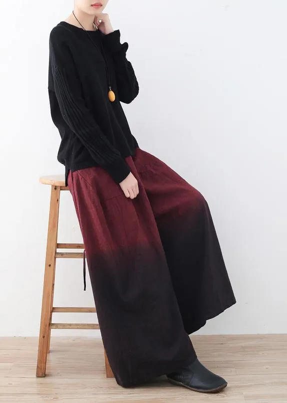 winter red new literary retro drawstring  loose wide leg skirt pants