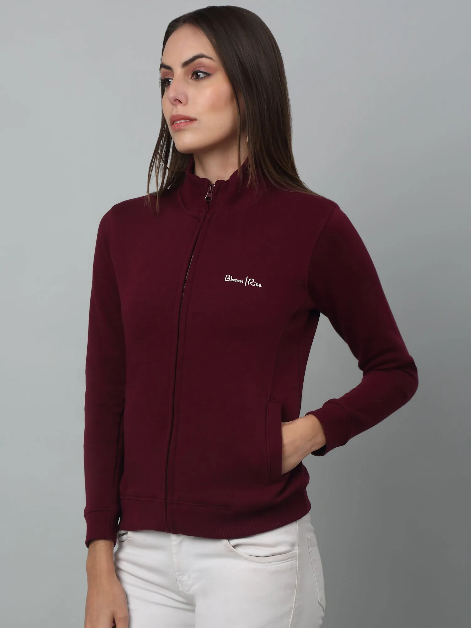 Women's Casual  Wine Regular Full Sleeve Zipthru  Sweatshirt