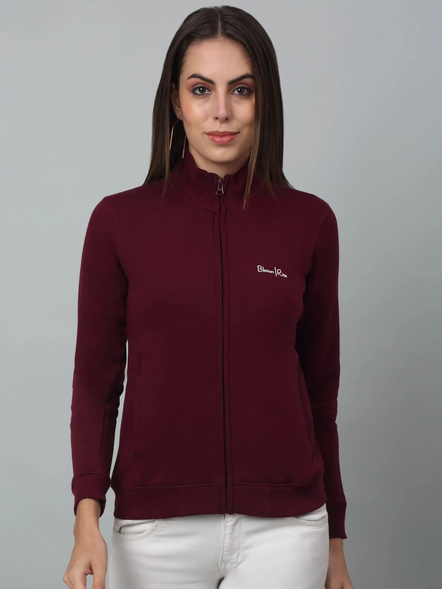 Women's Casual  Wine Regular Full Sleeve Zipthru  Sweatshirt